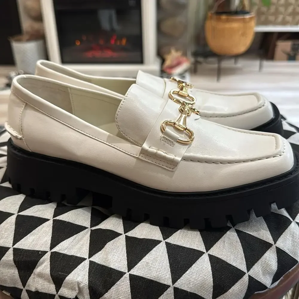 Open Edit Chunky Platform Loafers Cream Gold Bit Size 8 NWT